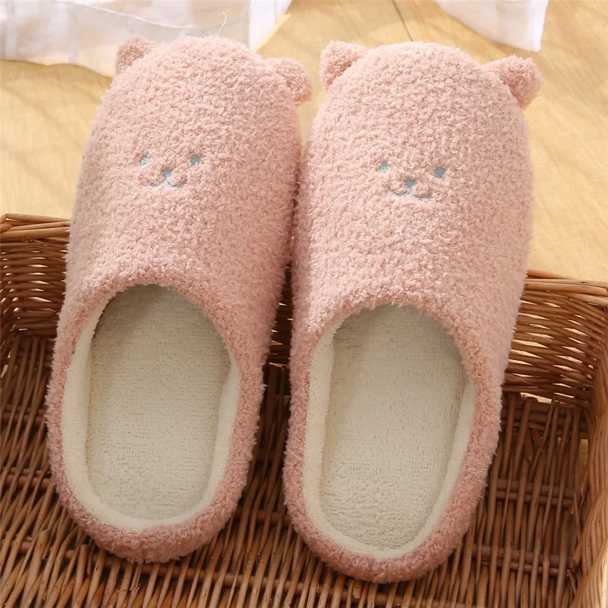 Cute Bear Cotton Slippers Women's Winter House Fur Slippers Slip-On Anti-Skid Female Flat With Soft Sole Shoes Snow Slippers 70 - Цвет: Pink