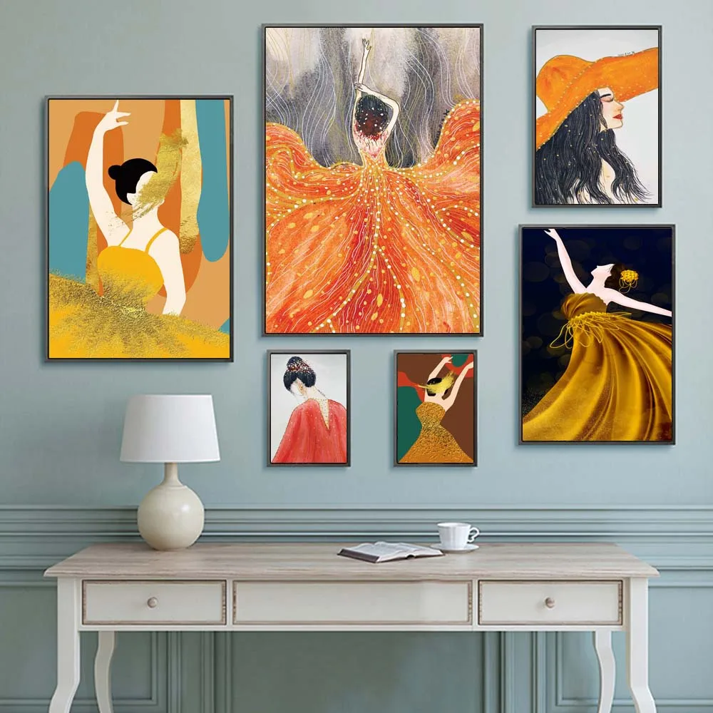 

Abstract Figure Fashion Gold Skirt Dancer Canvas Painting Posters and Prints Wall Art Scandinavian Wall Painting for Room Decor