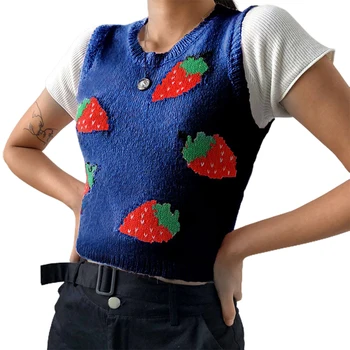 

Pink Sweat Cute Sleeveless Sweater Vest Women Casual Autumn Strawberry Y2K Tank Knitted Crop Top Fashion Streetwear