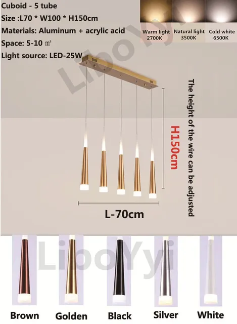 Modern Design Gold Black Minimalist Luster LED Chandelier for Bedroom Dining Living Room Loft Restaurant Cafe Interior Home Deco long-5 tube