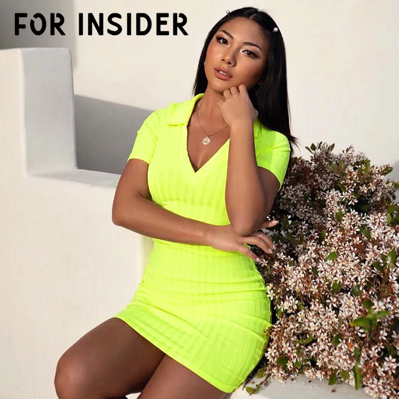 

For Insider Fluorescent green short party dresses Striped knitted autumn winter dress Sheath cotton bodycon sexy club dress