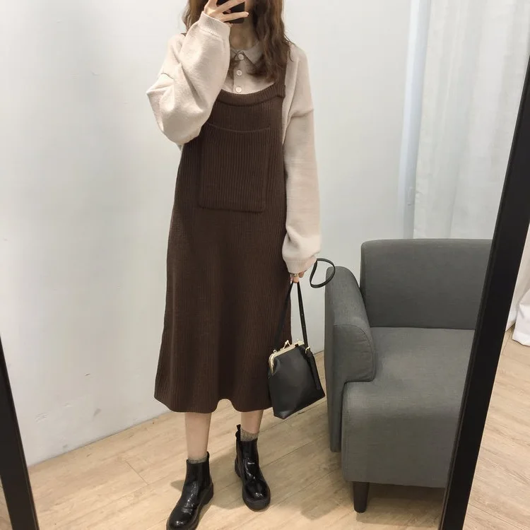 

By Age Large Pocket Knit Pinafore Dress Women's Autumn And Winter Versatile Loose-Fit Slimming Mid-length Yarn Dress Base Skirt