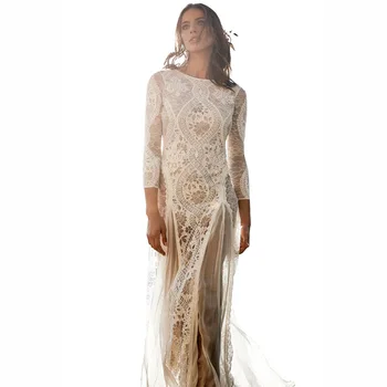 

Sexy Hollow Out Lace Stitching Chiffon Maxi Long Dress Women Split Hem O neck Backless midi dress white Party Dresses