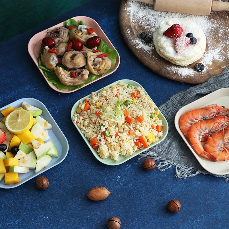 4Pcs/Set Dessert Plate Pure Natural Wheat Square Snack Straw Bowl Sauce Seasoning Dish Degradable EcO-friendly Tableware