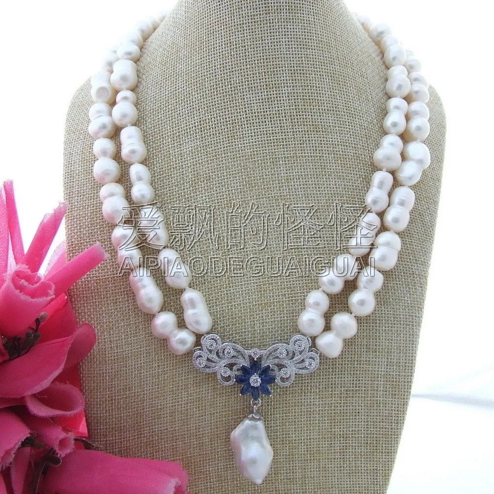 

20" 2Strands 10x17MM White Twins Pearl Necklace CZ Pendant