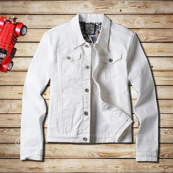

2019 new solid color simple stretch high-end men's denim jacket autumn cotton single-breasted white slim denim jacket coat male