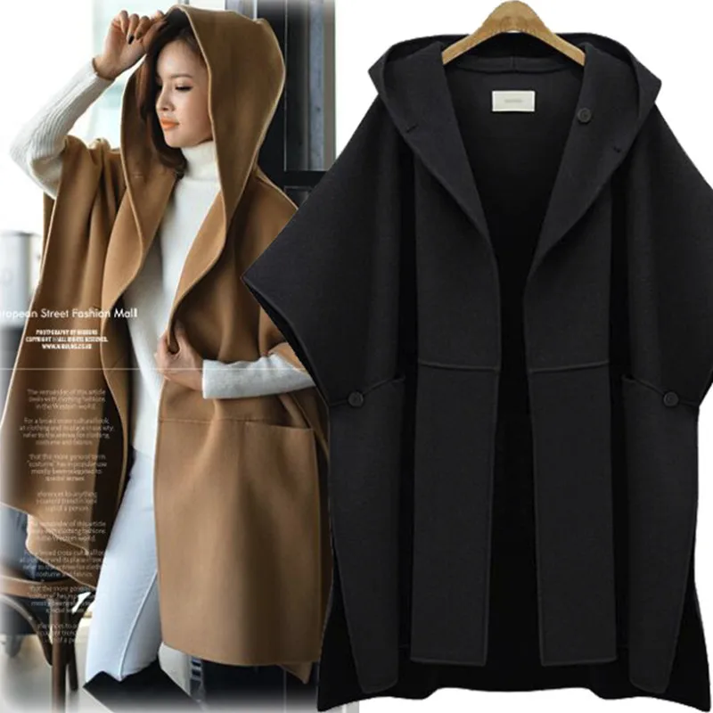 Женское зимнее Свободное пальто с капюшоном и рукавами «летучая мышь», шерстяное пальто, верхняя одежда больших размеров, пончо, накидка, куртка, шаль, пальто для женщин