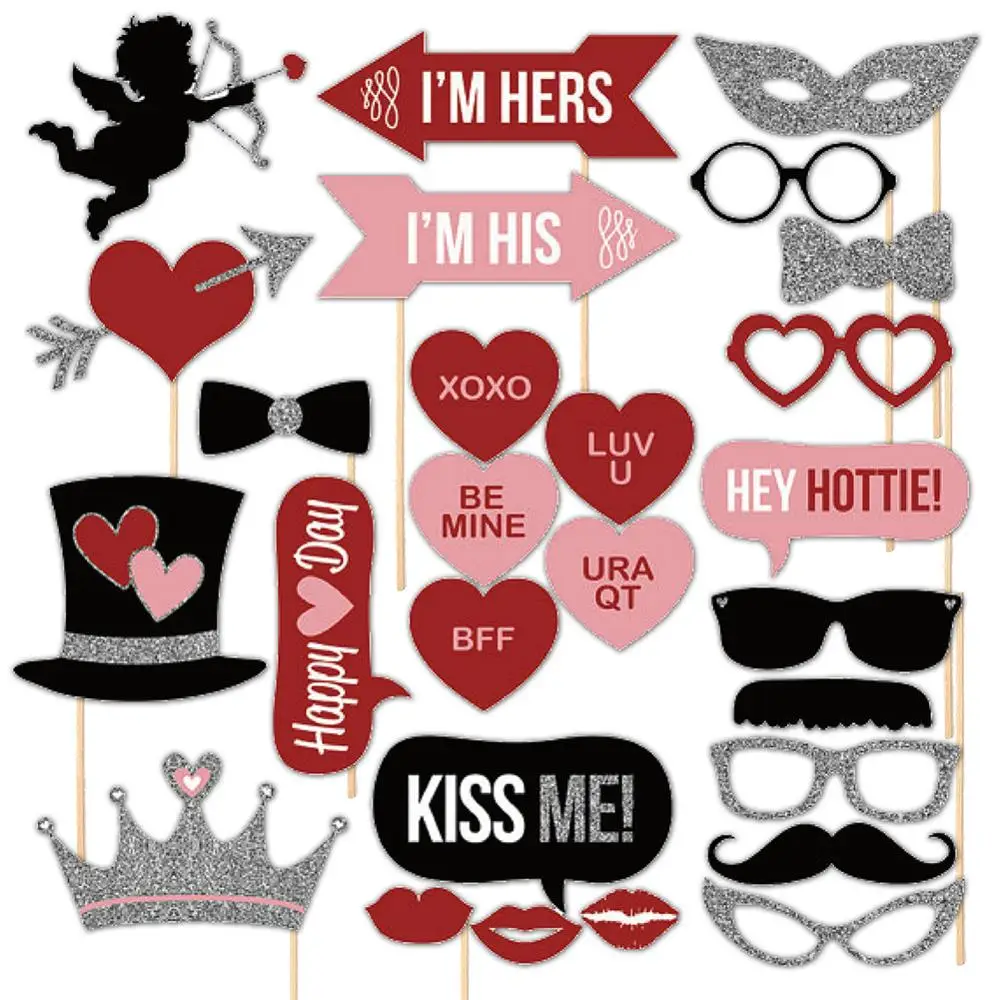 

DIY Party Props Photo Booth Props for Valentine's Day, Mix of Hats, Lips, Mustaches, Crowns and More, 27Pcs