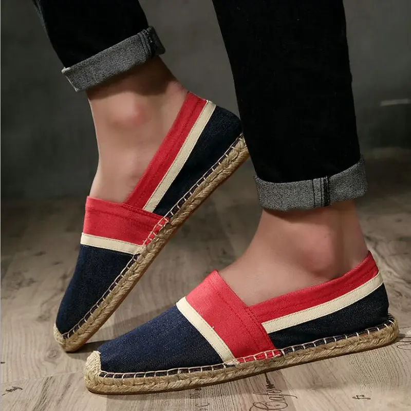 Cocila Mens Classic Slip-On Espadrilles Shoes Fashion Stitching Stripe Canvas Flat Shoes Casual Breathable Canvas Shoes