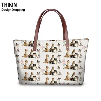 

THIKIN Cute Sheltie Printing Women Handbag Top-Handle Ladies Fashion Shoulder Tote Bag Females Travel Shopping Bags Sac A Main