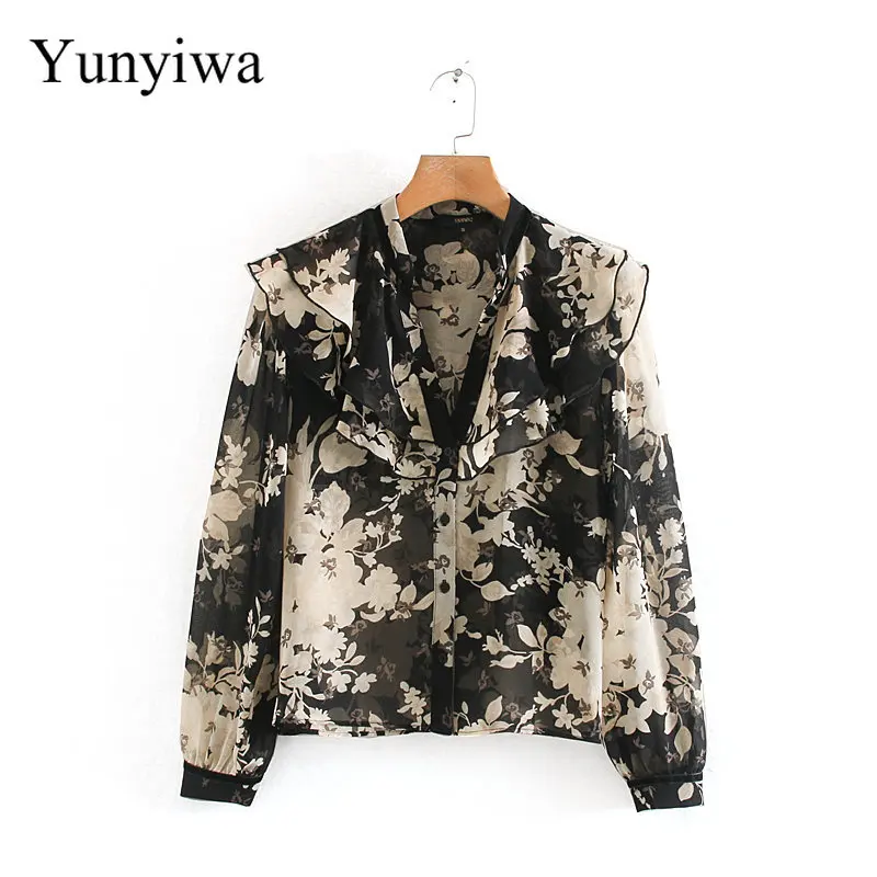 

New Women Elegant Cascading Ruffles Floral Print Blouse Long Sleeve Office Lady Chiffon Shirts Casual Chemise Blusas Tops