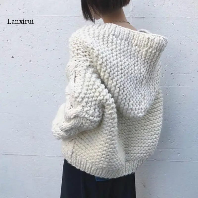 Chic Hooded Cross Twist Flowers Hooked Sweater