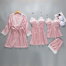 4 шт., женский кружевной комплект для сна, сексуальное ночное белье, Шелковый Атласный халат, платье+ пижамный комплект, элегантная Домашняя одежда с нагрудными накладками