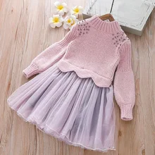 Весенне-осенне-зимнее платье принцессы для девочек, свитер, вязаные детские платья с длинными рукавами для девочек, одежда для младенца JW4956A
