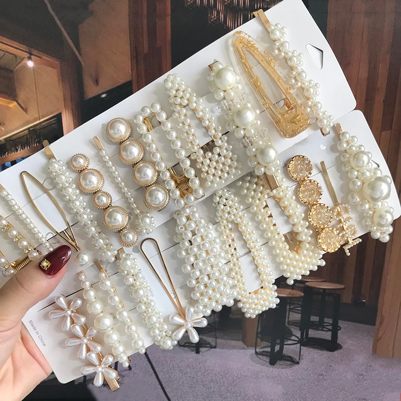 Hair-Clip Jewelry Beaded Simulated-Pearl-Barrettes Geometric Girls Fashion Women