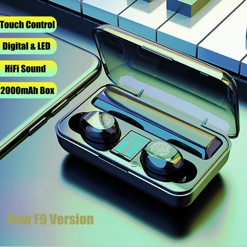 

True Wireless Bluetooth V5.0 Earphone New F9 Touch Earbuds 8D Stereo Sound Wireless Headphones Waterproof 2000mAh Charging Box
