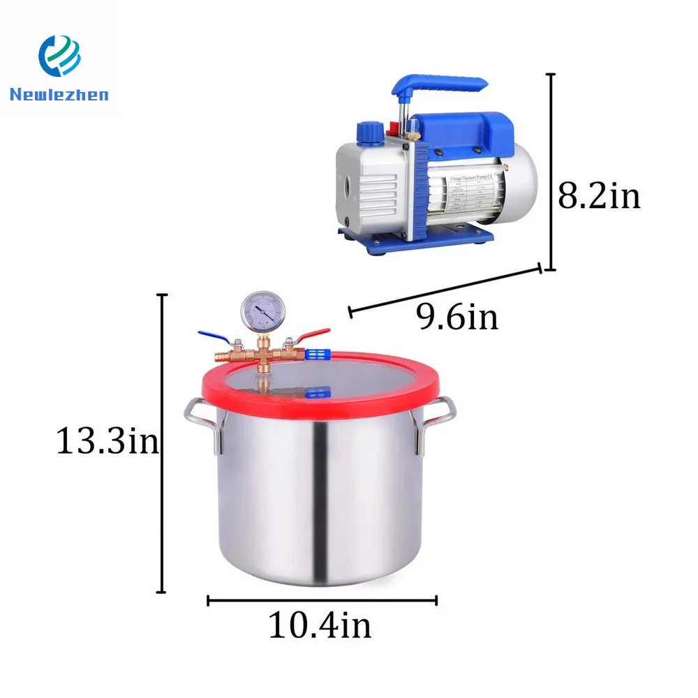 Stainless Steel 2-6Gallon + Vacuum Pump Degassing Silicone Defoaming Deaeration Vacuum Chamber Sealer Kit rotary vane vacuum pump
