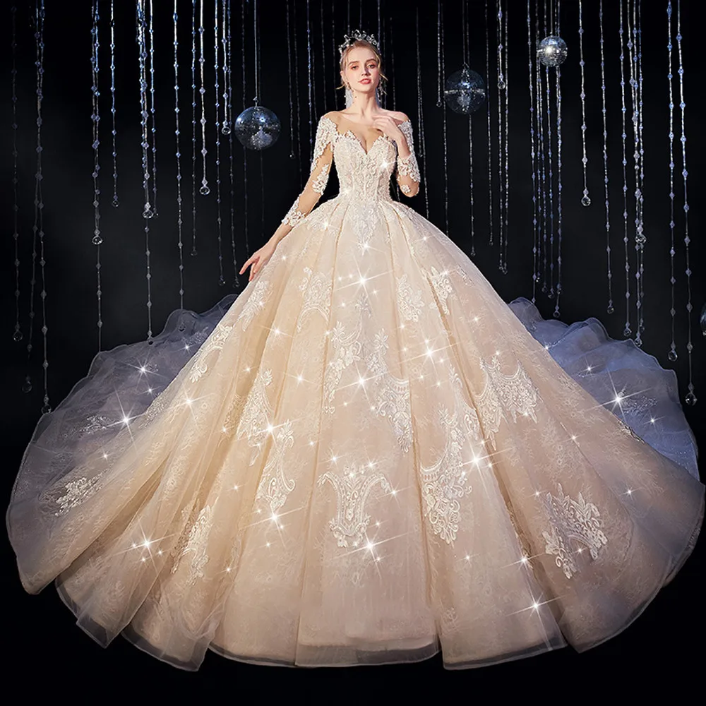 

African Lace Wedding Dresses 2020 Sheer Neck Princess Ball Gowns long Sleeves Appliques Backless Lace-up Bride Gowns