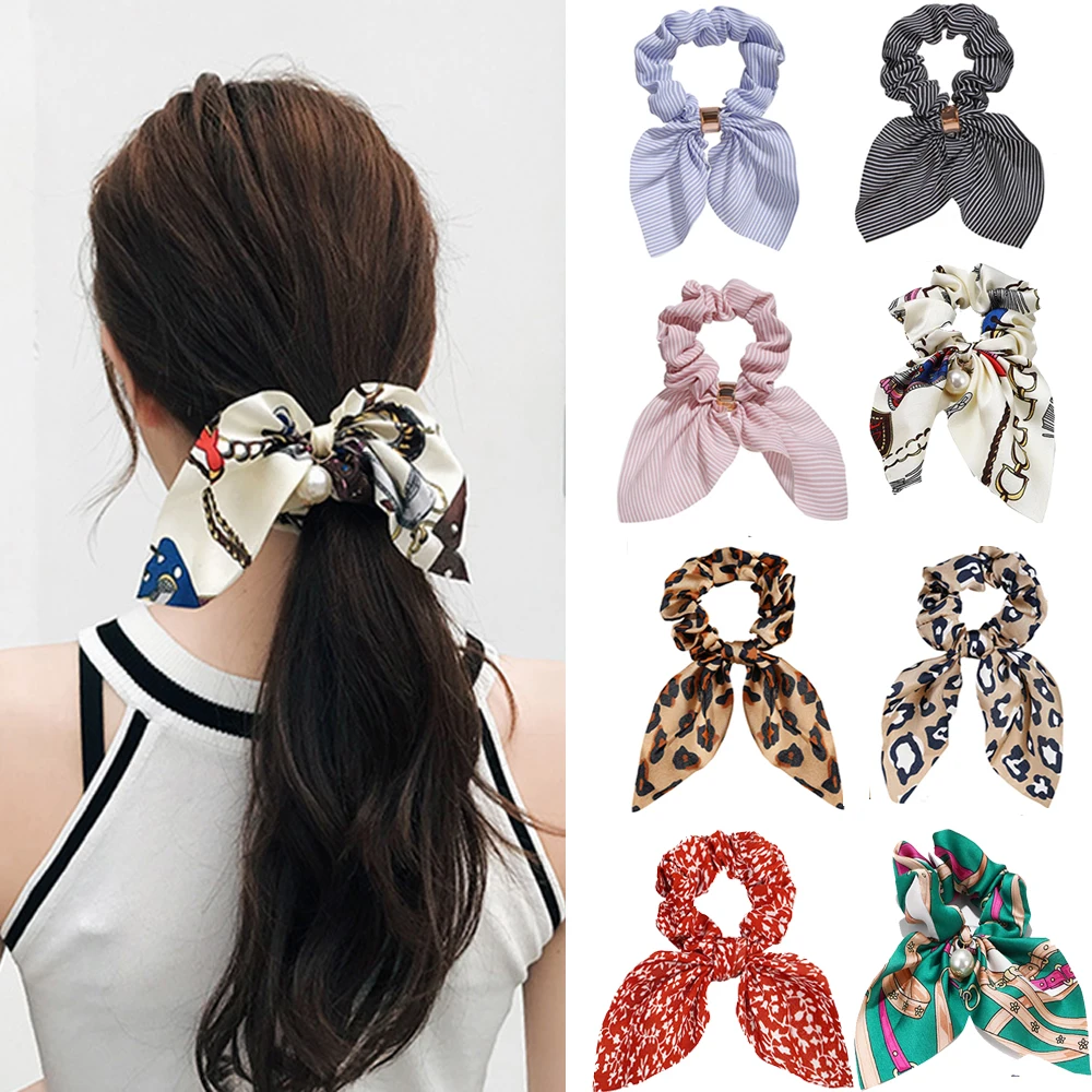 

Fashion Floral Print Stripe Leopard Scrunchies Solid Long Hair Ribbon For Women Ponytail Scarf Sweet Hair Band Hair Accessories