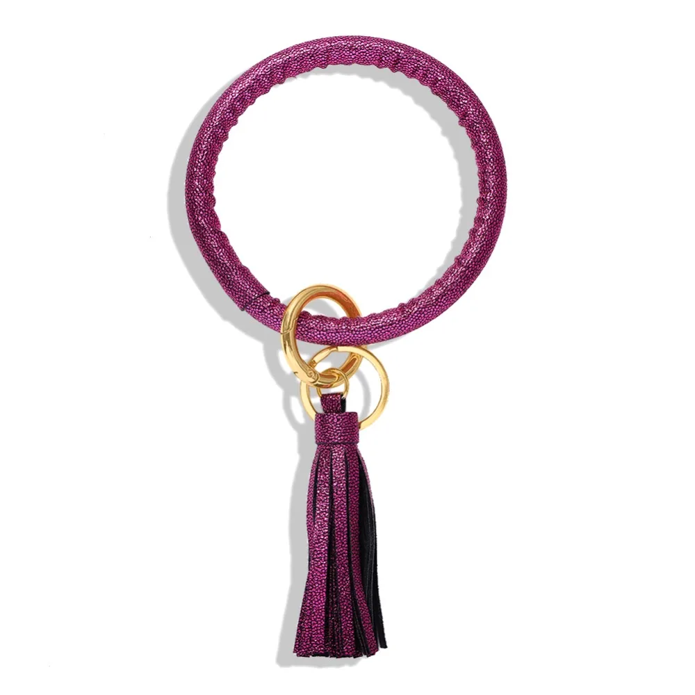 Dvacaman New Fashion Multi-Color Tassel Keychain Enamel PU Leather O Key Chain Monogram Circle Wristlet Keychain For Women Girls