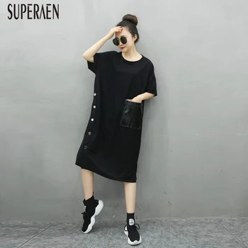 

SuperAen 2020 Summer New Korean Style Dress Women Cotton Fashion Casual Ladies Dress Short Sleeve Solid Color Women Clothing