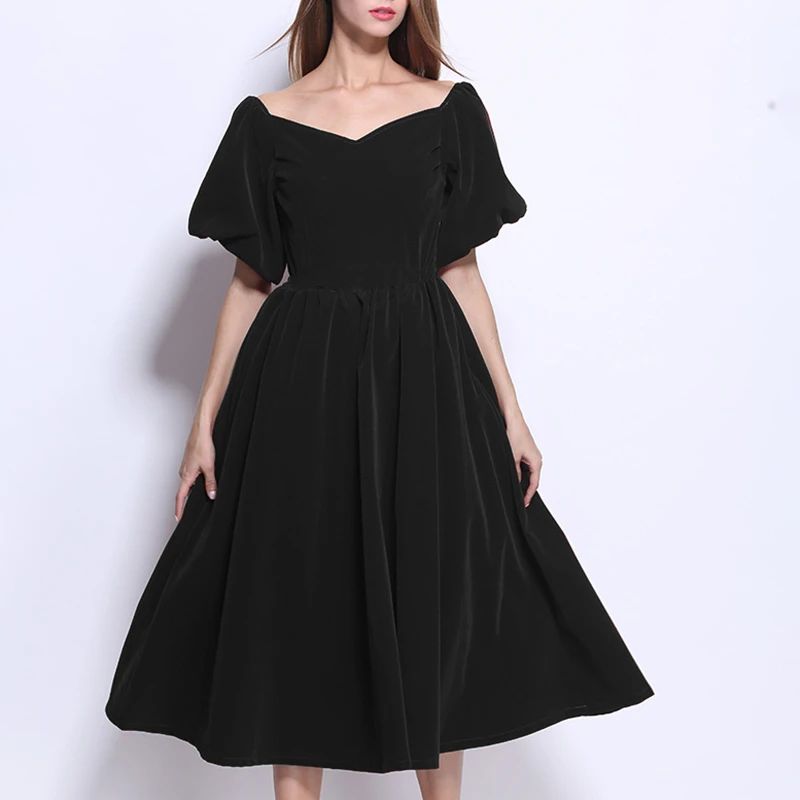 CHICEVER винтажное элегантное платье для женщин Slash шеи с пышными рукавами с высокой талией А-силуэта миди платья женские Летняя мода Новинка - Цвет: black