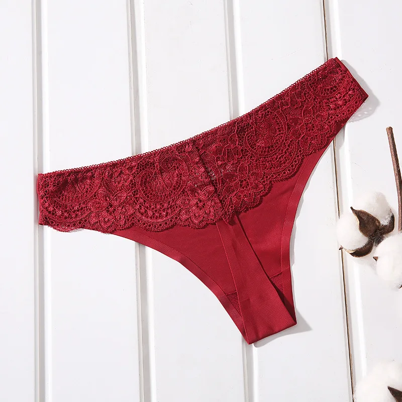 New Sexy Low-Rise Panties Ice Silk Thong Seamless G String Fashion simple Underwear Women Back Lace Thongs Lingerie tanga - Цвет: lace Wine Red