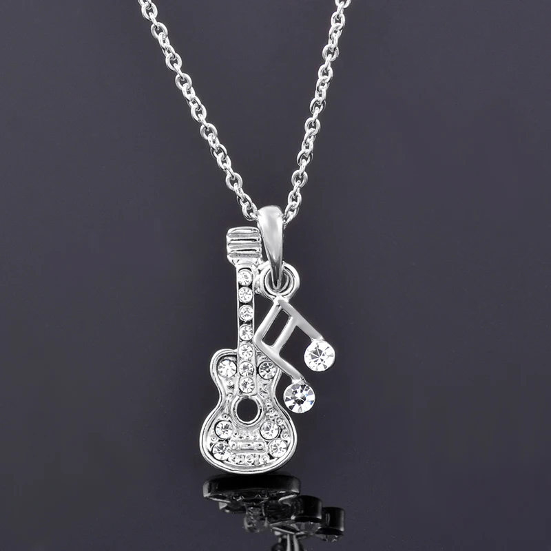 Musical Notes Guitar Pendant Necklace with Zirconia