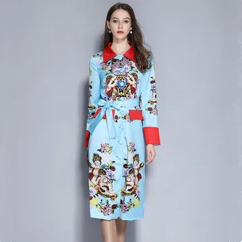 

Spring Runway Hit Color Angel Hydrangea Long Trench Coat Women Elegant Belt Overcoat Floral Print Casual Outerwear Abrigos K242