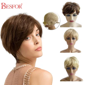 

BESFOR Cheap Short Blonde Human Hair Wigs Full Machine Pixie Cut Wigs Lovely Pre Plucked Glueless Remy Hair For Black Women