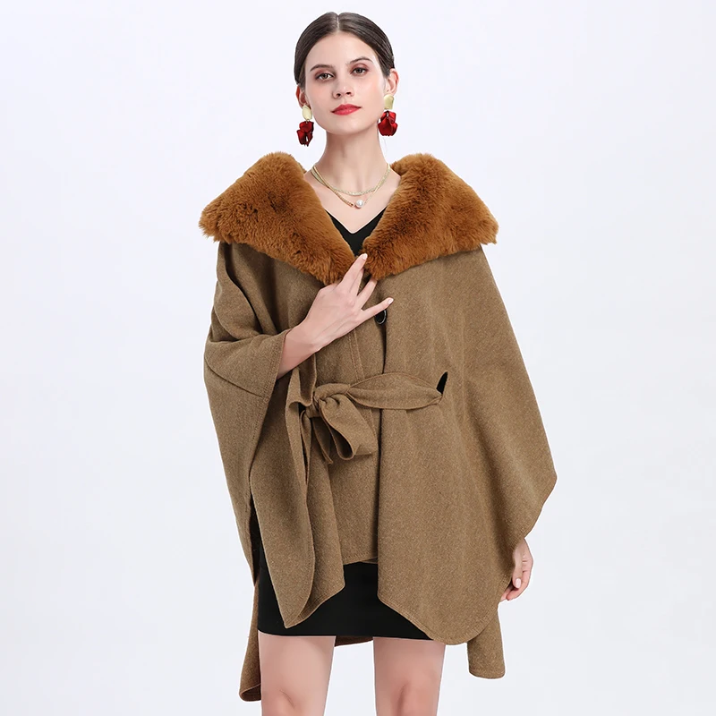 5 Colors Women Outstreet Poncho Wear Winter Thick Cardigan Big Rabbit Fur Turn-down Neck Long Cloak Front Tie Belt Loose Coat