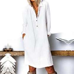 Algodão de linho vestido feminino 2021 primavera outono solto casual vestidos manga longa natureza botão turn down colarinho vestidos