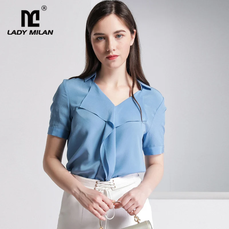 

Lady Milan 100% Pure Silk Women's Runway Shirts Turn Down Collar Short Sleeves Ruffles Fashion Blouse Tops