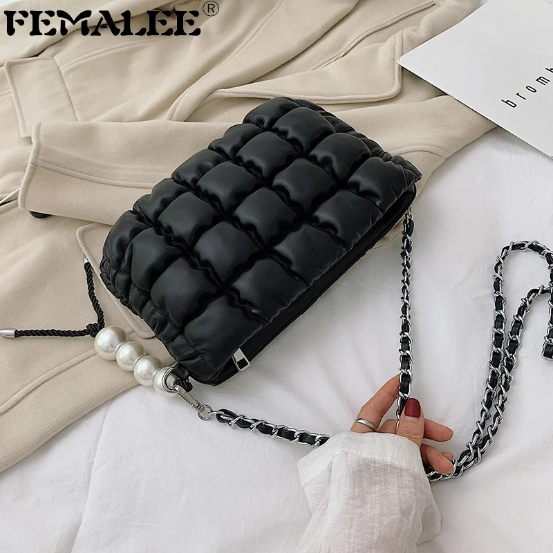

Elegant Fashion Female Large Tote bag Pearls Chains Quality PU Leather Women's Designer Handbag Plaid Shoulder Messenger Bag
