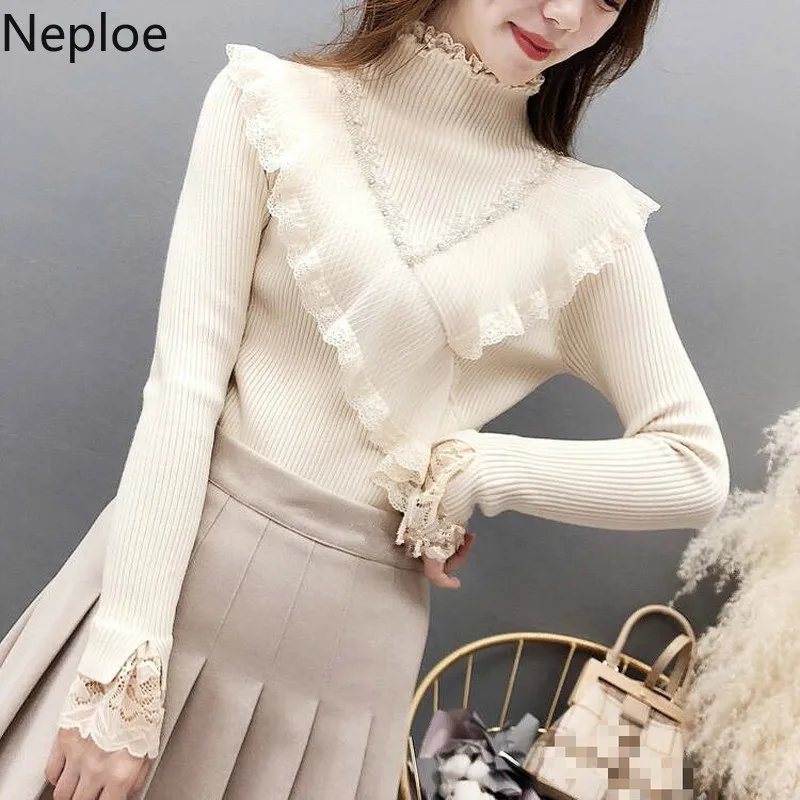 Neploe Heave работа Бисероплетение лоскутное кружево Pull Femme Hiver половина высокая шея вязаный пуловер сплошной длинный рукав обтягивающий Sueter 47535