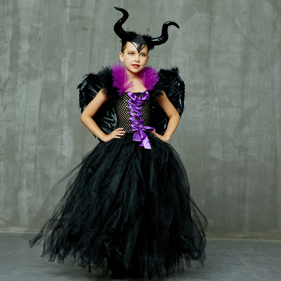 Kids Maleficent Evil Queen Girls Halloween Fancy Tutu Dress Costume Children Christening Dress Up Black Gown Villain Clothes (12)