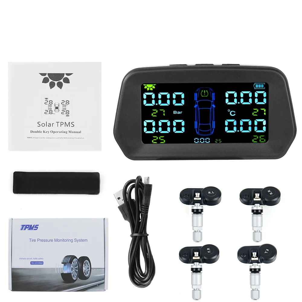 HOT Car TPMS Tire Pressure Sensors Solar Tire Pressure Monitoring System TMPS Temperature Alarm Tyre 4 External/Internal Sensor