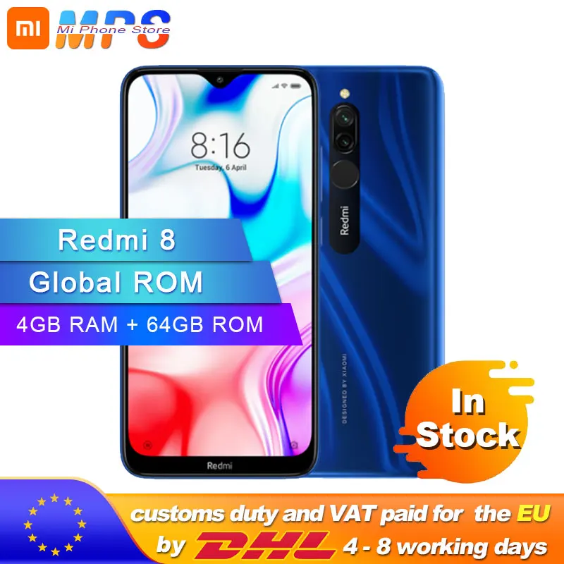  Xiaomi Redmi 8 с глобальной ПЗУ, 4 ГБ, 64 ГБ, Восьмиядерный процессор Snapdrag. 
