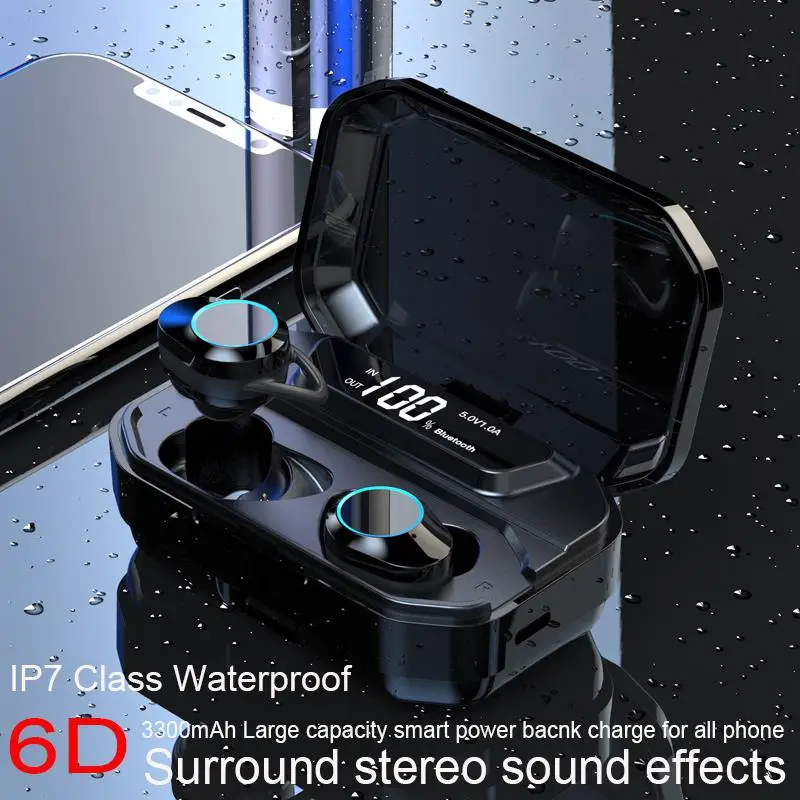 TWS Wireless 5.0 Bluetooth 9D Stereo Earphones IPX7 Waterproof Headsets 3300mAh LED Smart Power Bank Case