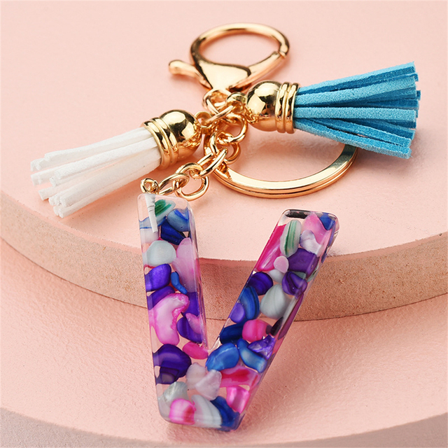 Women Keychains 26 Glitter Hollowed-out Words Handbag Tassel English Letter Keyring with Puffer Ball Charms Free Shipping