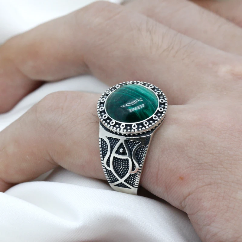 Natural stone pure 925 sterling silver antique Turkish ring, malachite men's agate color punk rock jewelry