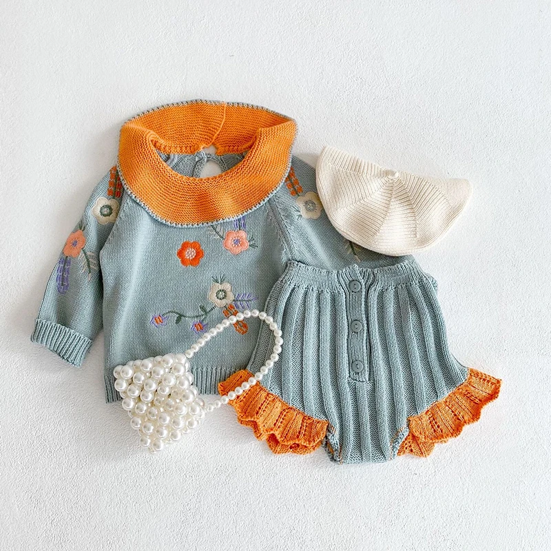 Baby Clothing Set medium Autumn Infant Baby Girls Clothes Suit Knitted Embroidered Lotus Leaf Collar Top+Lace Pants 2Pcs Toddler Baby Girls Sweater Sets newborn baby clothing gift set