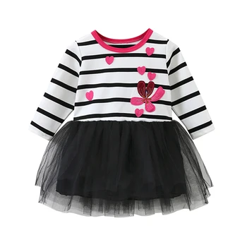 

Toddler Infant Baby Girls Autumn Winter Long Sleeve Striped Dresses Embroidered Hearts Round Neck Cotton Mesh Kids Tutu Dress