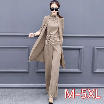 

Knitted 3 Pieces Set Women Tracksuit Long Sleeve Cardigan and Sleeveless Pullover Tops and Wide Leg Pants Suit Women's Sets 2020