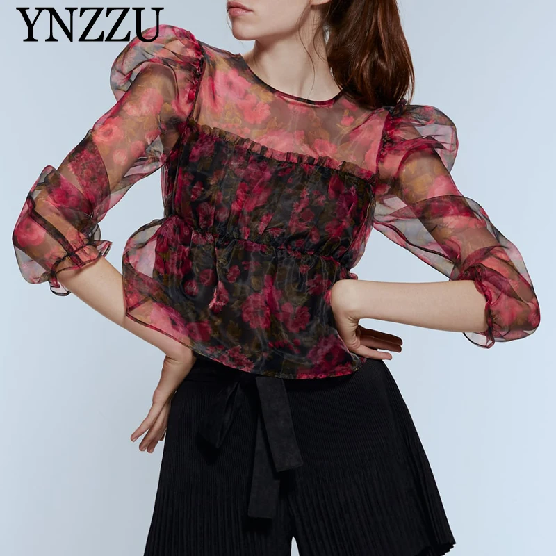 Floral Print Women Organza Blouse Sexy Puff sleeve Fashion Female shirts O-neck Holiday Pleated Crop tops Summer YNZZU YT746