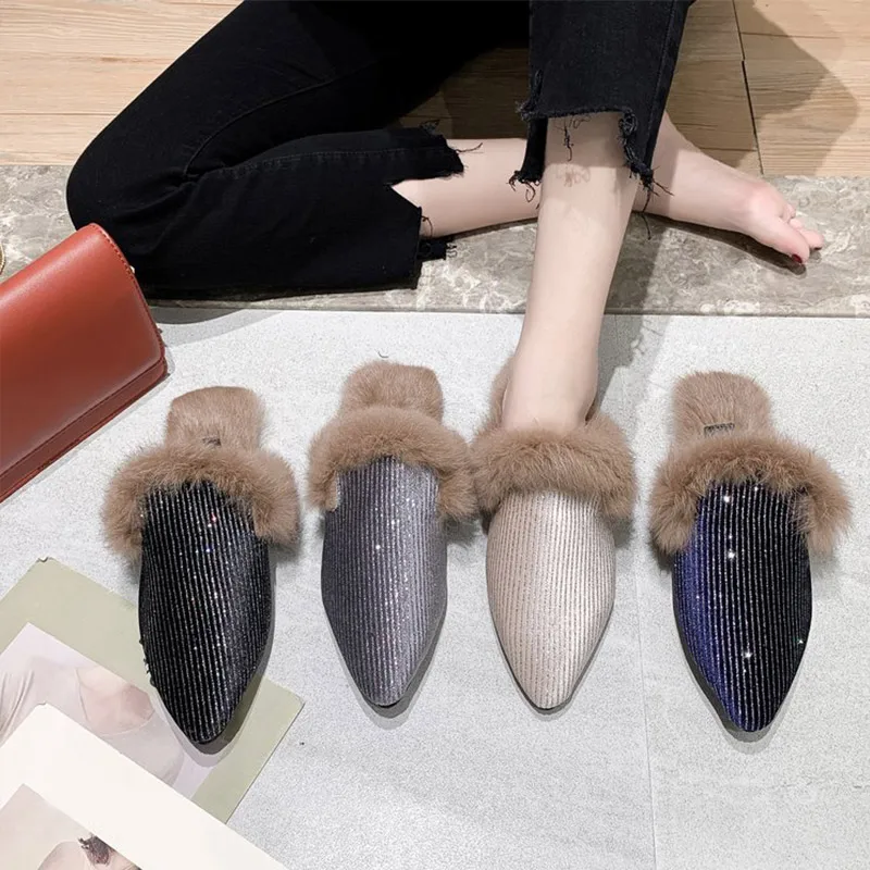 

Women Slippers Pointed Toe Sequined Cloth Bling Female Shoes Faux Fur 2019 Mules New Fashion Platform Ladies Lazy Footwear