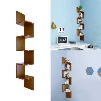 

1pcs Wood Corner 5 Tiers Wall Shelf Zig Zag Wooden Shelves Wooden Mount Rack For Living Room Bedroom Storage Rack