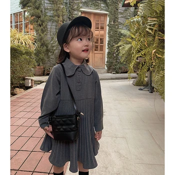 

2020 spring new baby girls joker soft dress children solid color long sleeve lapel dress
