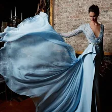 Небесно-голубые торжественные платья знаменитостей, Русалка с v-образным вырезом шифоновые кружевные жемчужные разрезные Длинные вечерние платья знаменитые платья для красной дорожки
