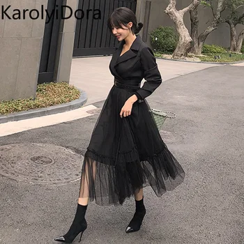 

High Quality 2020 Spring Women High Waist Mesh Stitching Sexy Dress Female Long Sleeve Black Dress femme